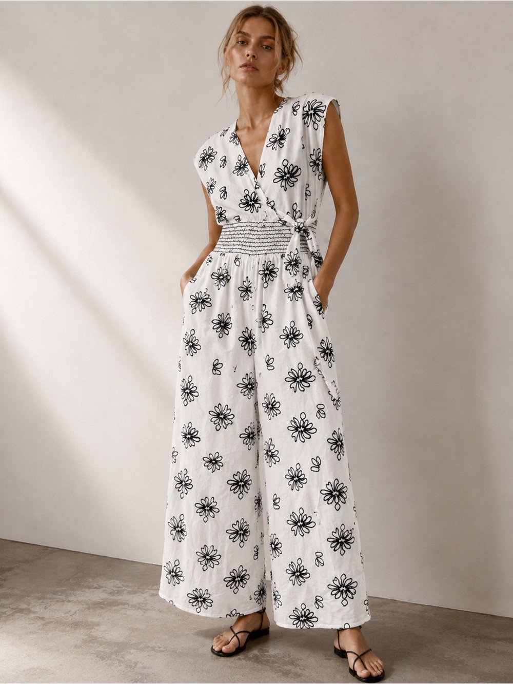 Sleeveless White Floral Print Wrap Jumpsuit